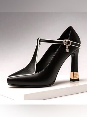 Black and White T-Strap Block Heel Pumps with Gold Accent